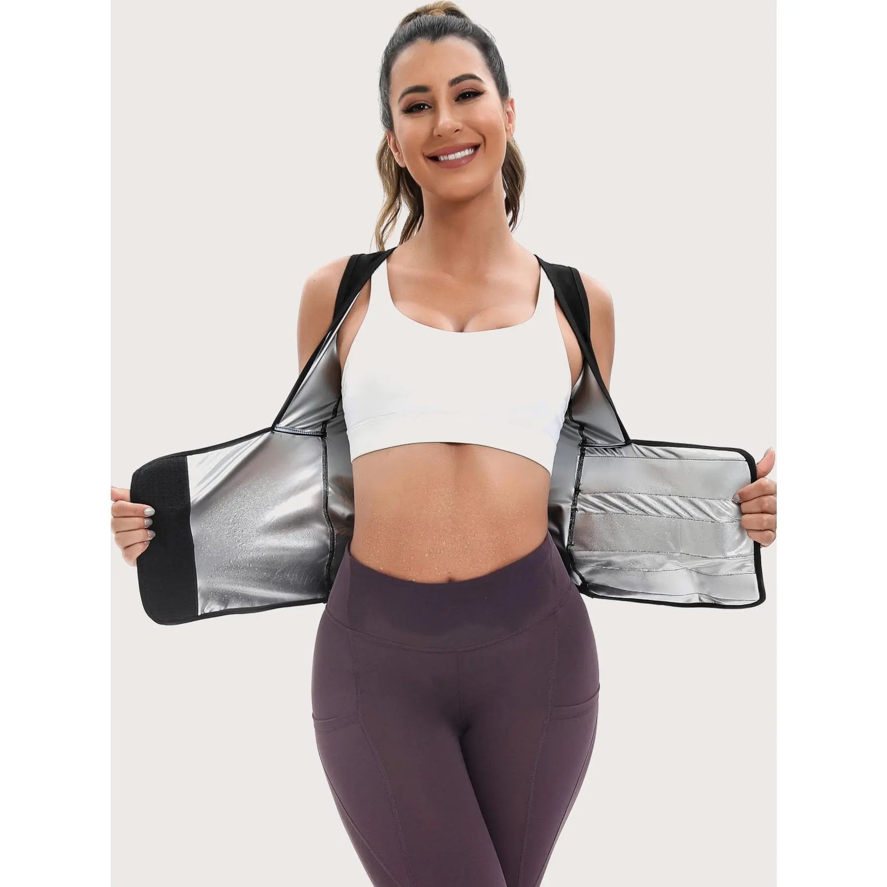 Women's Sauna Suit Shirt with Waist-Cinching Shapewear and Fixed Bra, Anti-Sagging Vest for Body Shaping and Tummy Control, Ideal for Running and Yoga Workouts, Convenient Stick-On Design, Fitness Outerwear and Underwear, Effective Body Shaper and Waist Trimmer
