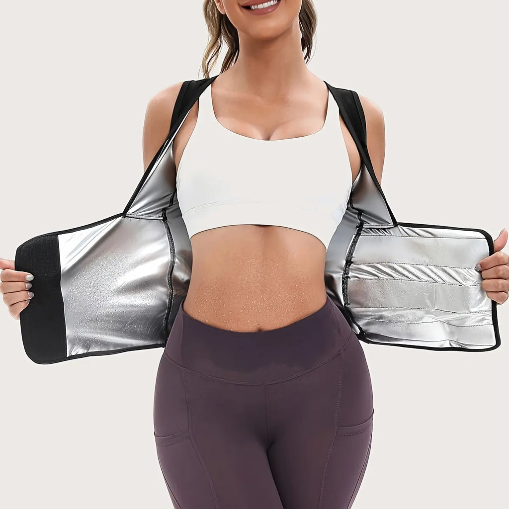 Women's Sauna Suit Shirt with Waist-Cinching Shapewear and Fixed Bra, Anti-Sagging Vest for Body Shaping and Tummy Control, Ideal for Running and Yoga Workouts, Convenient Stick-On Design, Fitness Outerwear and Underwear, Effective Body Shaper and Waist Trimmer