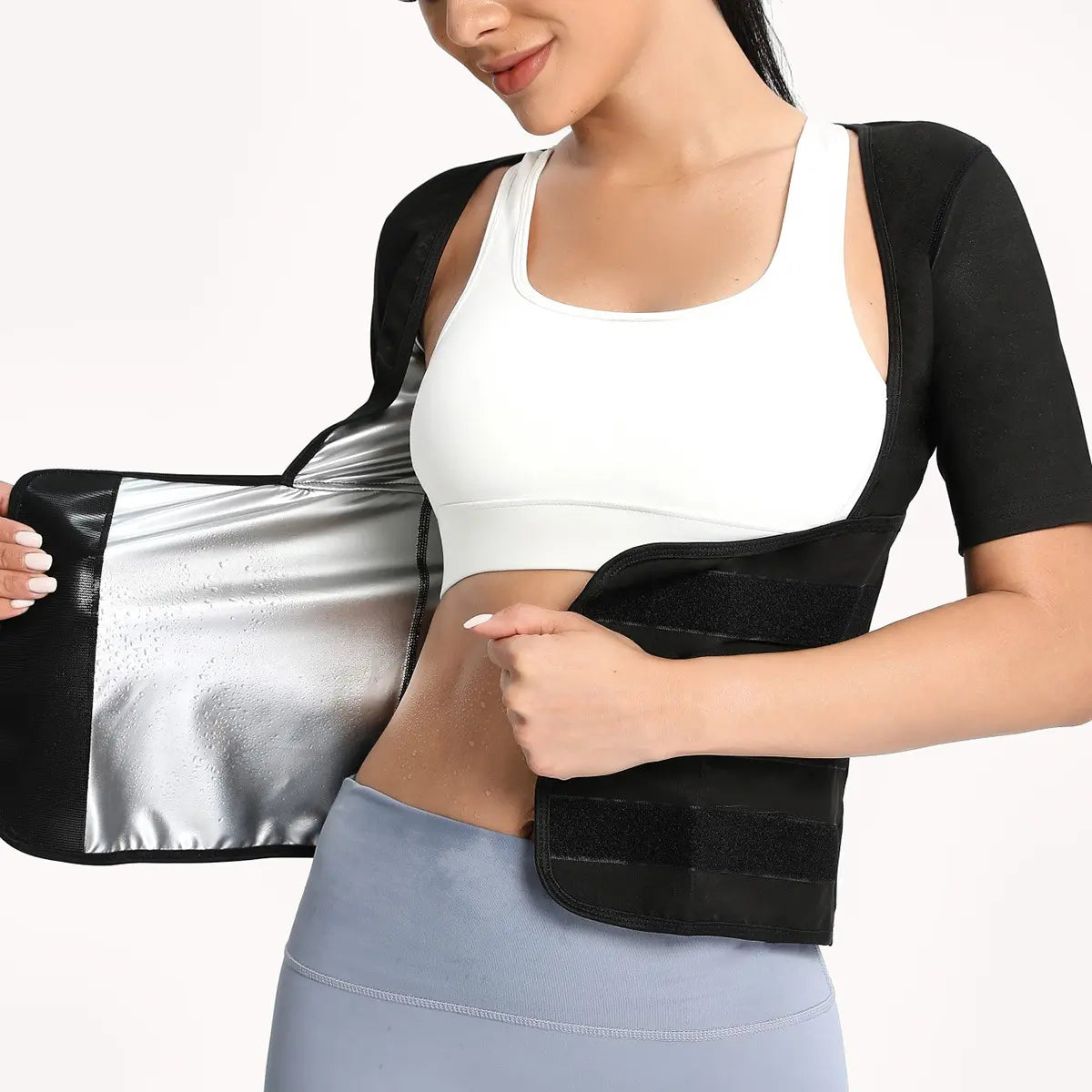 Women's Sauna Suit Shirt with Waist-Cinching Shapewear and Fixed Bra, Anti-Sagging Vest for Body Shaping and Tummy Control, Ideal for Running and Yoga Workouts, Convenient Stick-On Design, Fitness Outerwear and Underwear, Effective Body Shaper and Waist Trimmer